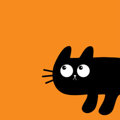 Cat peeking around the corner. Black kitten head face looking up. Happy Halloween. Cute kawaii cartoon baby pet. Greeting card print. Flat design. Orange background. Isolated.