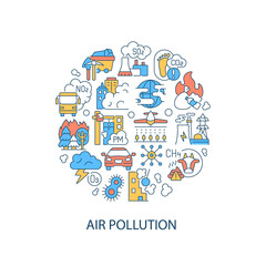 Air pollution abstract color concept layout with headline. Climate problem creative idea. Chemical smoke in city air. Carbon footprint. Isolated vector filled contour icons for web background