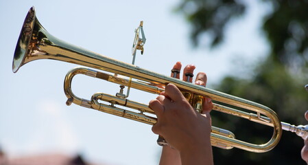 Fototapeta na wymiar playing a brass instrument. military band performs