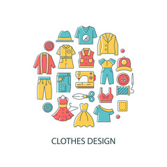 Clothes design abstract color concept layout with headline. Designer work with outfits. Hobby and craft. Needlecraft creative idea. Isolated vector filled contour icons for web background