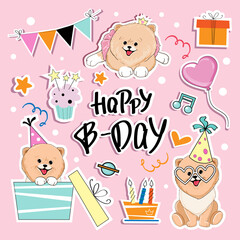 Birthday set with funny cartoon spitz dogs, cake and festive decor. Vector illustration isolated. Doodle animals collection. T-shirt design, greeting card, baby shower