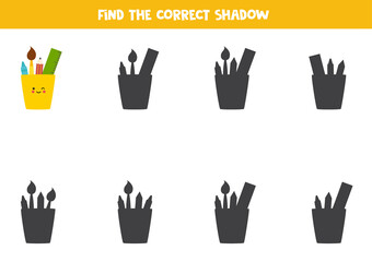 Find the correct shadow of cute kawaii pencil cup. Logical puzzle for kids.