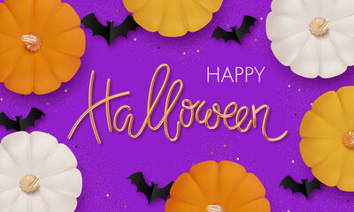 Happy Halloween greeting card or party invitation template with 3d pumpkins. Vector illustration