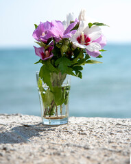 A bouquet of delicate hibiscus in a glass against the background of the sea.