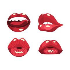 Set stickers red juicy sexy female lips on white background.