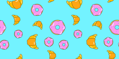 Donuts and croissant seamless pattern. Vector background from sweet pastries for design. Pastry concept.