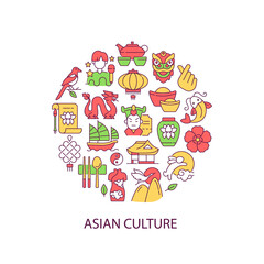 Asian culture abstract color concept layout with headline. Eastern traditions. South Korea attributes. Japan symbols. Asia creative idea. Isolated vector filled contour icons for web background