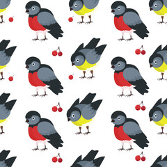 seamless pattern with birds. Bullfinches and tits. Nature vector background