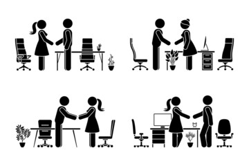 Stick figure business male and female negotiation vector icon set. Stickman office partners handshaking, meeting, talking pictogram on white background