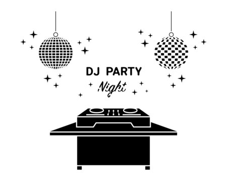 Dj Mixing Controller, Desk, Table At Nightclub Vector Icon Set. Night Party Playing Dance, Electronic, Techno Music Silhouette Pictogram On White Background