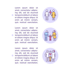 Family conflicts concept line icons with text. PPT page vector template with copy space. Brochure, magazine, newsletter design element. Parents and children relations linear illustrations on white
