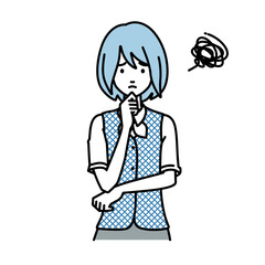 立って手をあごにあてて困っている事務員制服の女性