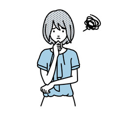 立って手をあごにあてて困っているオフィスカジュアルの女性