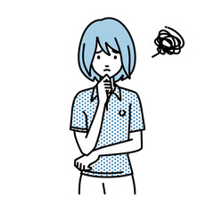 立って手をあごにあてて困っているポロシャツの女性