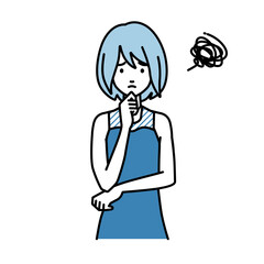 立って手をあごにあてて困っているドレスの女性