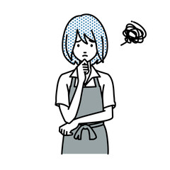 立って手をあごにあてて困っているカフェ店員の女性