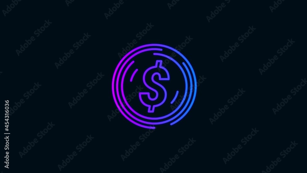 Poster dollar coin icon animation.glowing neon line icon with gradient color. black background