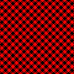 Diagonal red and black buffalo seamless pattern. Checkered lumberjack plaid texture. Geometric background for flannel shirt, picnic blanket, kitchen napkin, tweed coat. Vector flat illustration.