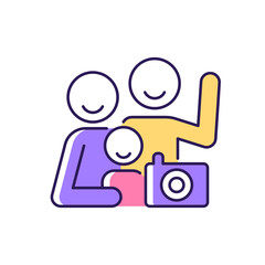 Family photo RGB color icon. Parent and children togetherness. Raising kid self-esteem. Family portrait. Create memories. Photography session. Isolated vector illustration. Simple filled line drawing