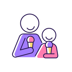 Eating ice cream together RGB color icon. Increase family bonding over food. Bringing parent and child together. Enjoy licking frozen dessert. Isolated vector illustration. Simple filled line drawing