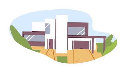 Exterior of modern house building with glass windows and garage. Construction of contemporary architecture. Outside new suburban villa in nature. Flat vector illustration isolated on white background