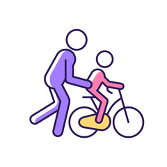 Learning to ride bike RGB color icon. Building kid cycling skills. Fun family togetherness time. Increasing child coordination and balance. Isolated vector illustration. Simple filled line drawing