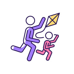 Flying kite RGB color icon. Playing with child outdoors. Family bonding opportunity. Develop coordination. Parent and kid running with kite. Isolated vector illustration. Simple filled line drawing