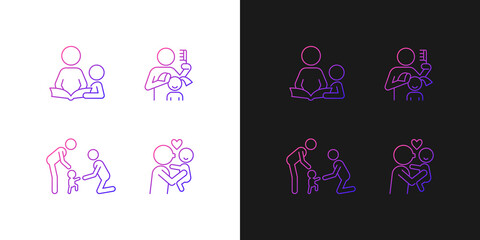 Family bonding time gradient icons set for dark and light mode. Storytelling. Baby first steps. Thin line contour symbols bundle. Isolated vector outline illustrations collection on black and white