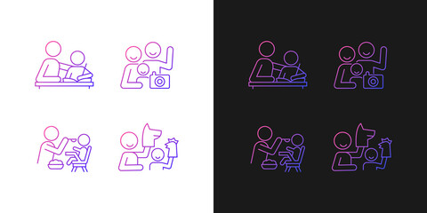 Effective parenting style gradient icons set for dark and light mode. Helping with homework. Thin line contour symbols bundle. Isolated vector outline illustrations collection on black and white