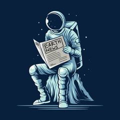 astronaut read earth newspaper on space vector illustration