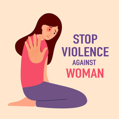 Stop violence against woman concept vector illustration. Sad woman with stop hand gesture in flat design.