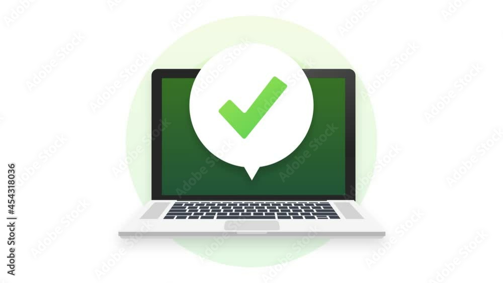 Poster laptop with checkmark or tick notification in bubble. approved choice. accept or approve checkmark. 
