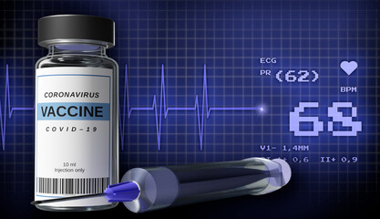 Medical syringe and vaccine bottle. Vaccine illustration. Bottle and syringe with needle. There is ecg chart on the background.