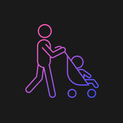 Walking with stroller gradient vector icon for dark theme. Bonding time with newborn. Walk with baby carriage. Thin line color symbol. Modern style pictogram. Vector isolated outline drawing