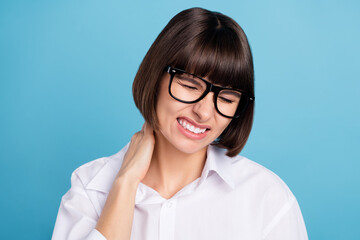 Portrait of attractive sick girl touching neck feeling bad suffering disease cold isolated over bright blue color background