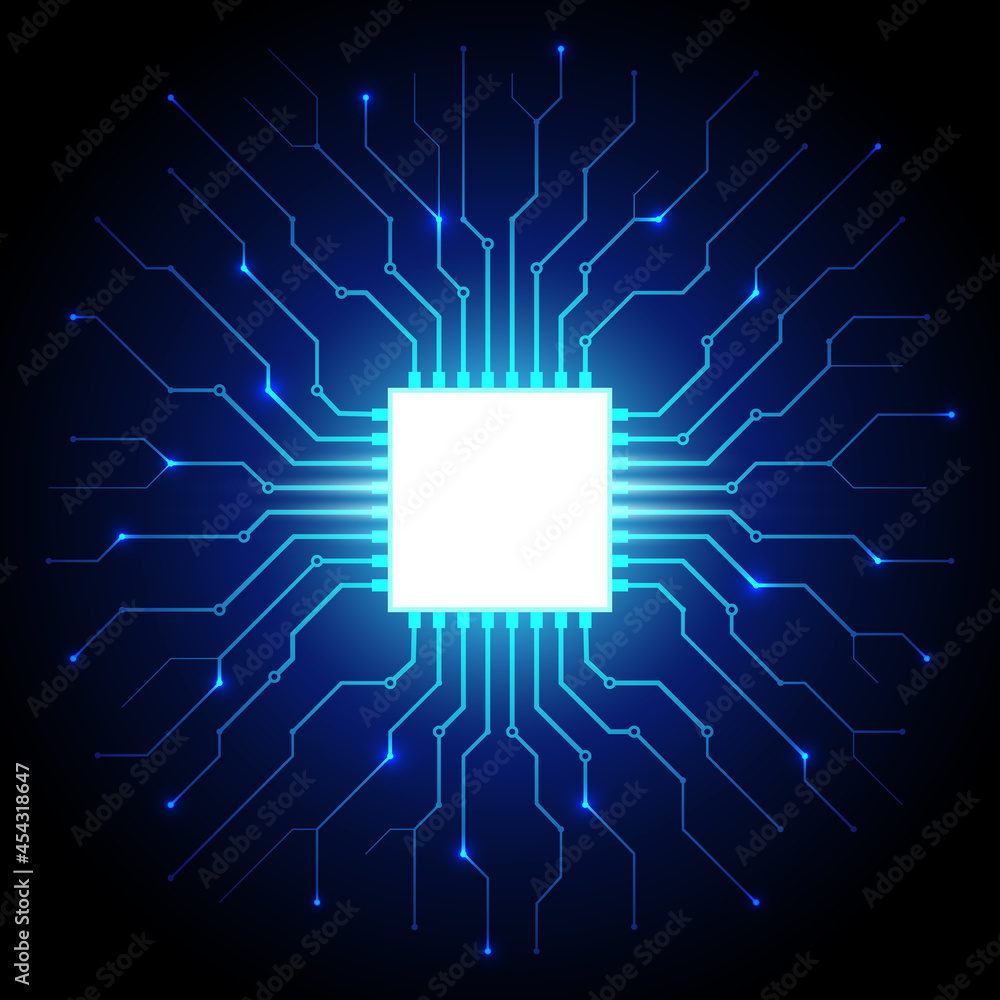 Poster abstract processor, computer digital chip, printed circuit board. artificial intelligence. dark blue