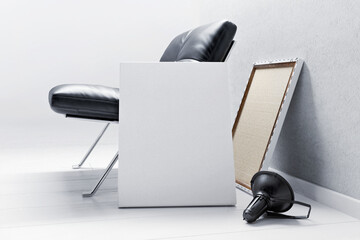 Canvas frame leaning at the armchair mockup
