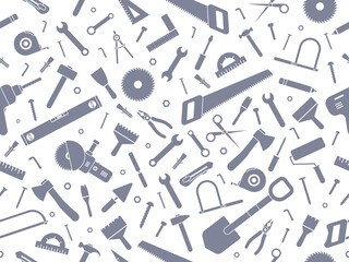 Construction hardware and repair tools seamless pattern. Work instruments silhouettes collection. Vector illustration on white background.