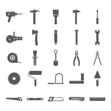 Repair, building and work instruments collection. Construction tools icons large set. Black silhouettes. Vector isolated on white