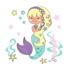 Beautiful illustration with a little mermaid combing her hair on a white background