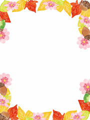 秋の水彩落ち葉とコスモスの華やかなフレーム