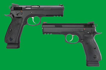 modern pistol for the army and police. weapon on chromakey isolate.
