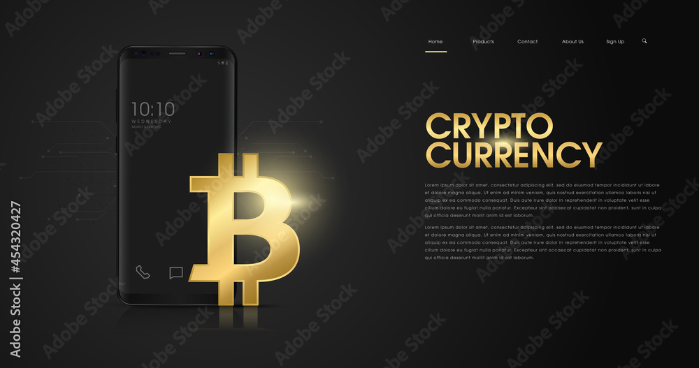 Poster mobile phone mockup with golden bitcoin on website banner. cryptocurrency software. digital currency