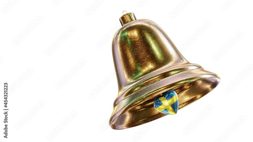 Poster realistic looping 3d animation of the fancy golden textured christmas bell with sweden national flag