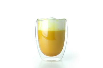 Glass of pumpkin latte isolated on white background