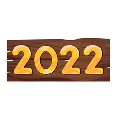 Happy New Year 2022 text design. Numbers lettering 2022 on wood tablet