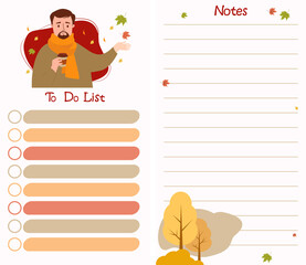 Autumn organizer. A man with beard in a scarf with coffee and autumn leaves. A set of vertical templates - to-do list and Notes. Vector illustration. Note paper, organizer, time management, planner