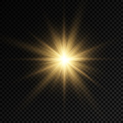 Glow bright light star, yellow sun rays.