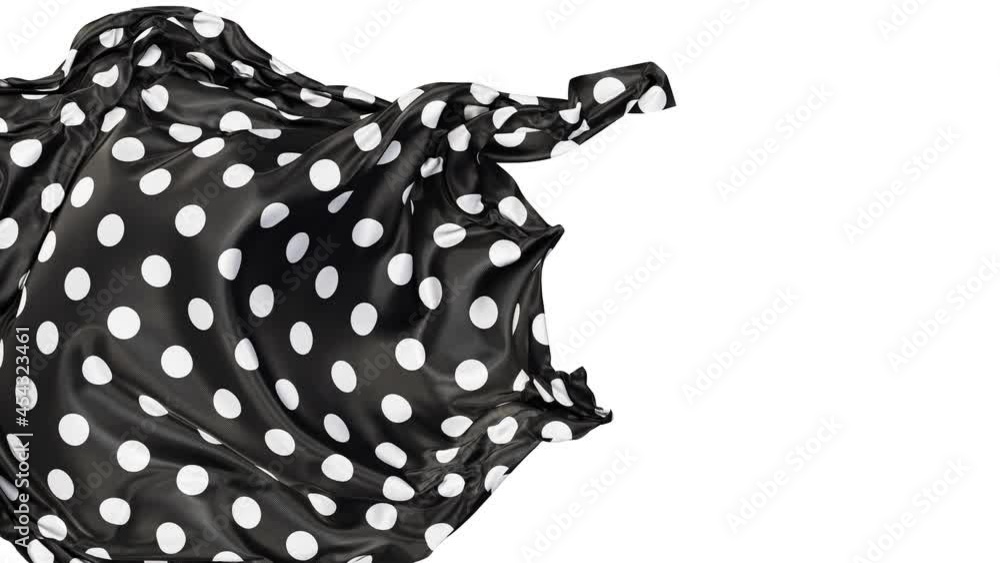 Poster realistic 3d animation of the trendy black and white polka dots pattern cloth as fly away opener ren