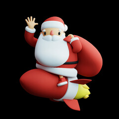 Santa Claus Riding Rocket and Waving Hand in Night. Christmas Gift Delivery Service 3D rendering illustration.